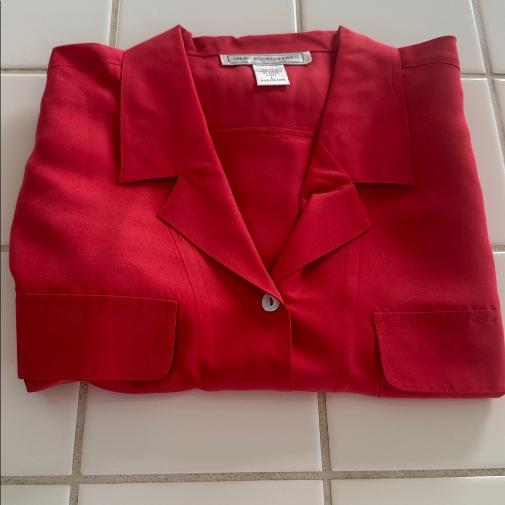 Silk Essentials Red Sleeveless Button-Down Shirt L - image 5
